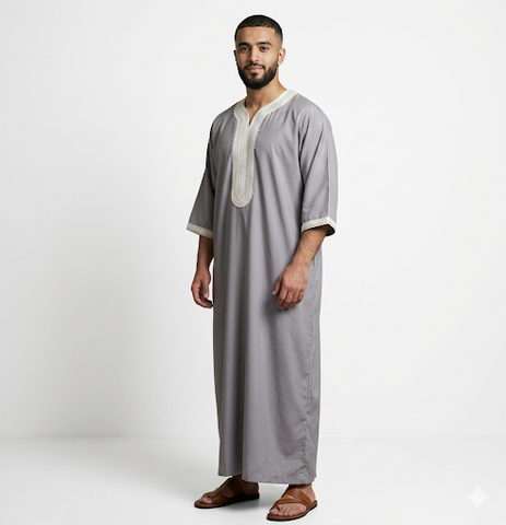 Men's Moroccan Embroidery Thobe half sleeve jubbah/Robe