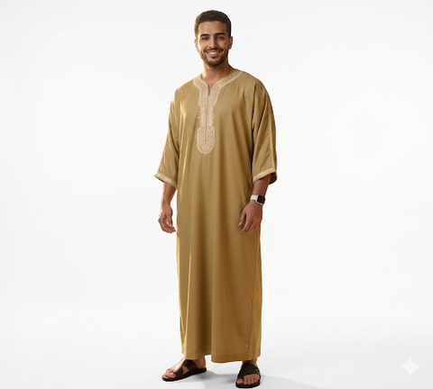 Men's Moroccan Embroidery Thobe half sleeve jubbah/Robe
