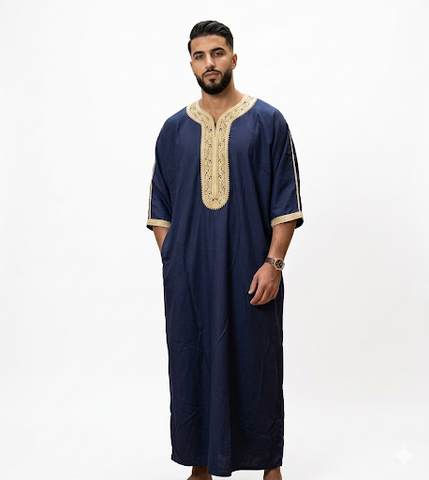 Men's Moroccan Embroidery Thobe half sleeve jubbah/Robe