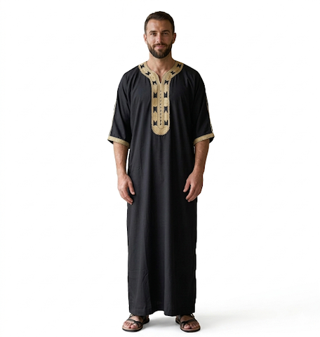 Men's Moroccan Embroidery Thobe half sleeve jubbah/Robe