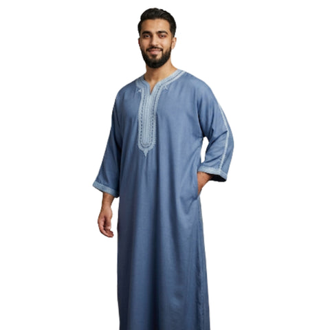 Men's Moroccan Embroidery Thobe half sleeve jubbah/Robe
