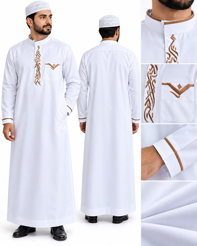 Men's Islamic Designer Embroidered Thobe – Elegant Muslim Jubba Robe